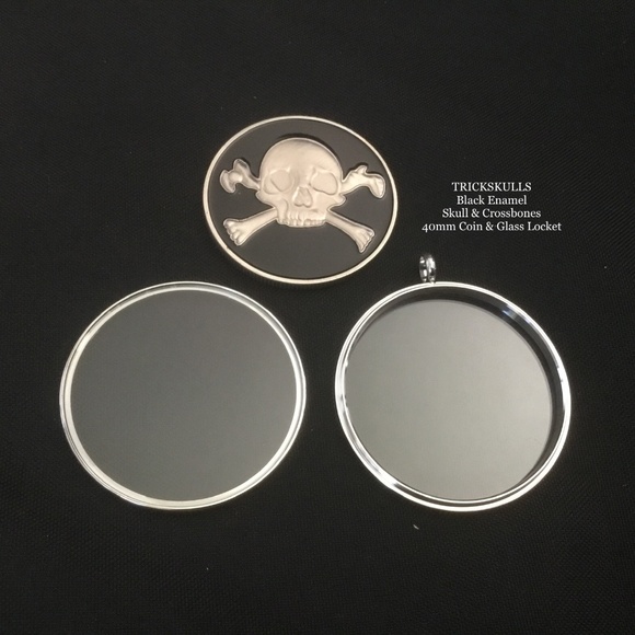 Black Enamel Skull & Crossbones Coin + Stainless Locket Custom Wheat Link Chain - Picture 5 of 9